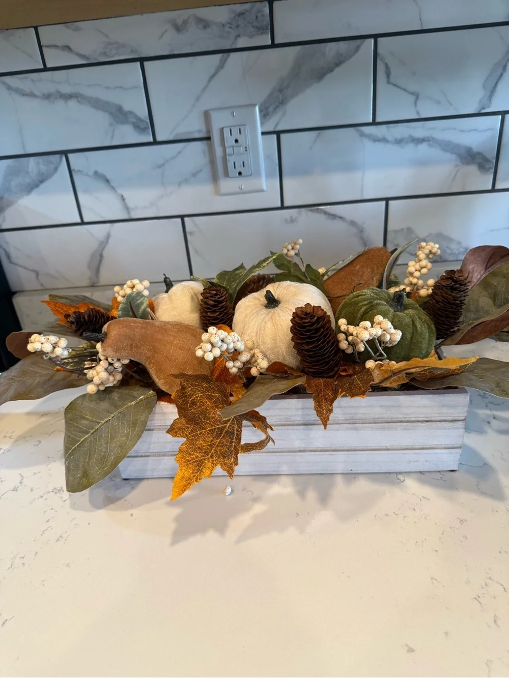 Autumn Pumpkin Centerpiece with White and Green Accents